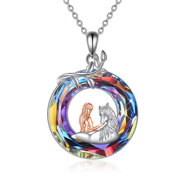 Sterling Silver Two-tone Circular Shaped Cubic Zirconia Horse Pendant Necklace-1