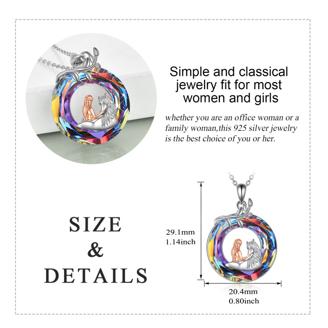 Sterling Silver Two-tone Circular Shaped Cubic Zirconia Horse Pendant Necklace-5