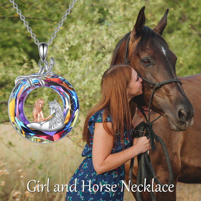 Sterling Silver Two-tone Circular Shaped Cubic Zirconia Horse Pendant Necklace-6