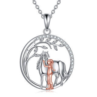 Sterling Silver Two-tone Circular Shaped Cubic Zirconia Horse Pendant Necklace-17