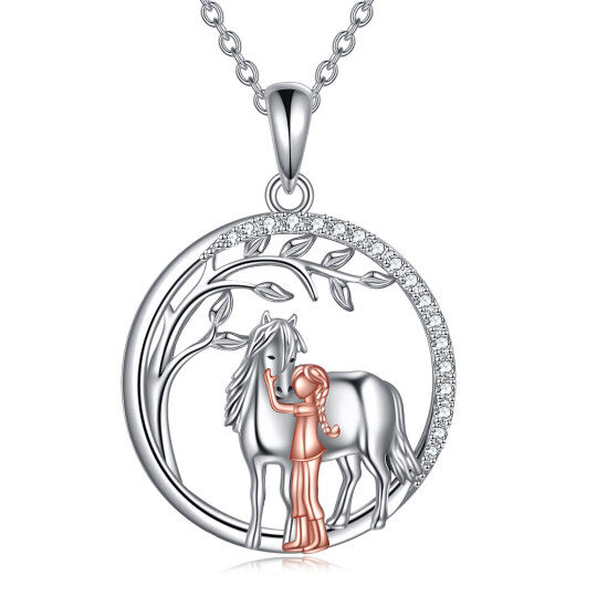 Sterling Silver Two-tone Circular Shaped Cubic Zirconia Horse Pendant Necklace