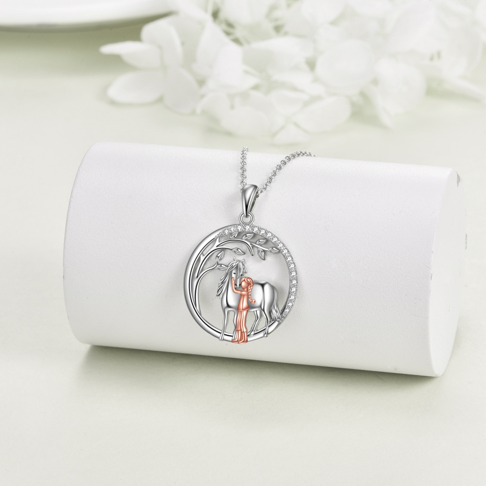 Sterling Silver Two-tone Circular Shaped Cubic Zirconia Horse Pendant Necklace-3