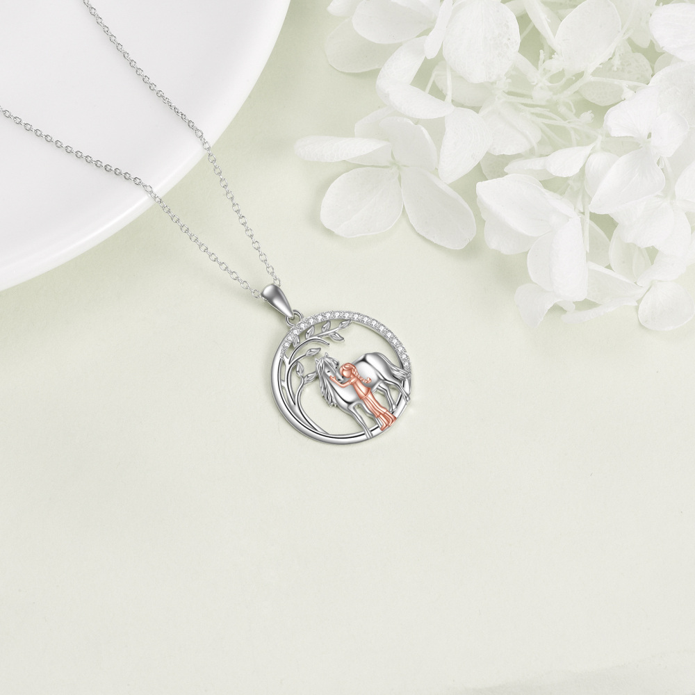 Sterling Silver Two-tone Circular Shaped Cubic Zirconia Horse Pendant Necklace-4
