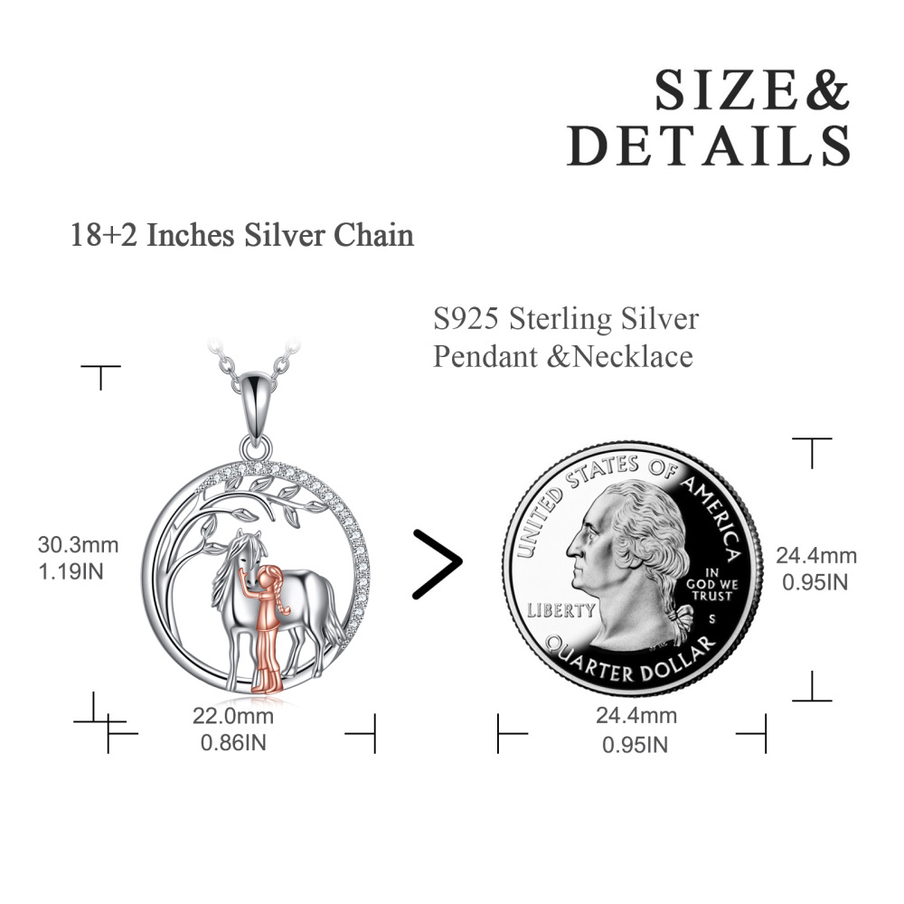 Sterling Silver Two-tone Circular Shaped Cubic Zirconia Horse Pendant Necklace-5