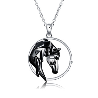 Sterling Silver Two-tone Circular Shaped Cubic Zirconia Horse Pendant Necklace-49