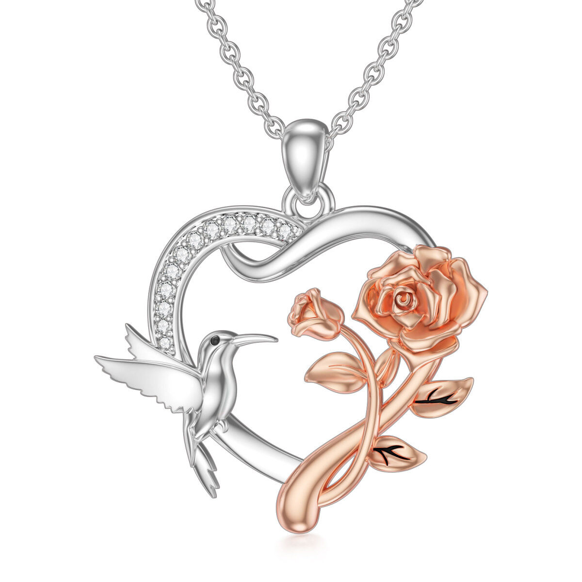 Sterling Silver Two-Tone Circular Cubic Zirconia Hummingbird With Rose Heart Pendant Necklace For Women-1