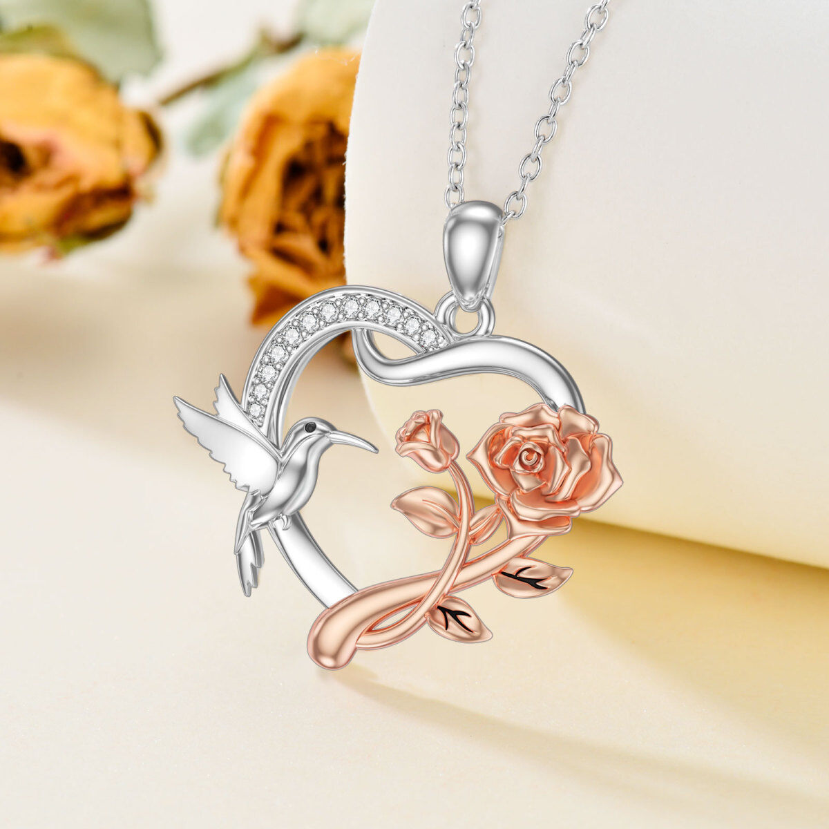 Sterling Silver Two-Tone Circular Cubic Zirconia Hummingbird With Rose Heart Pendant Necklace For Women-3