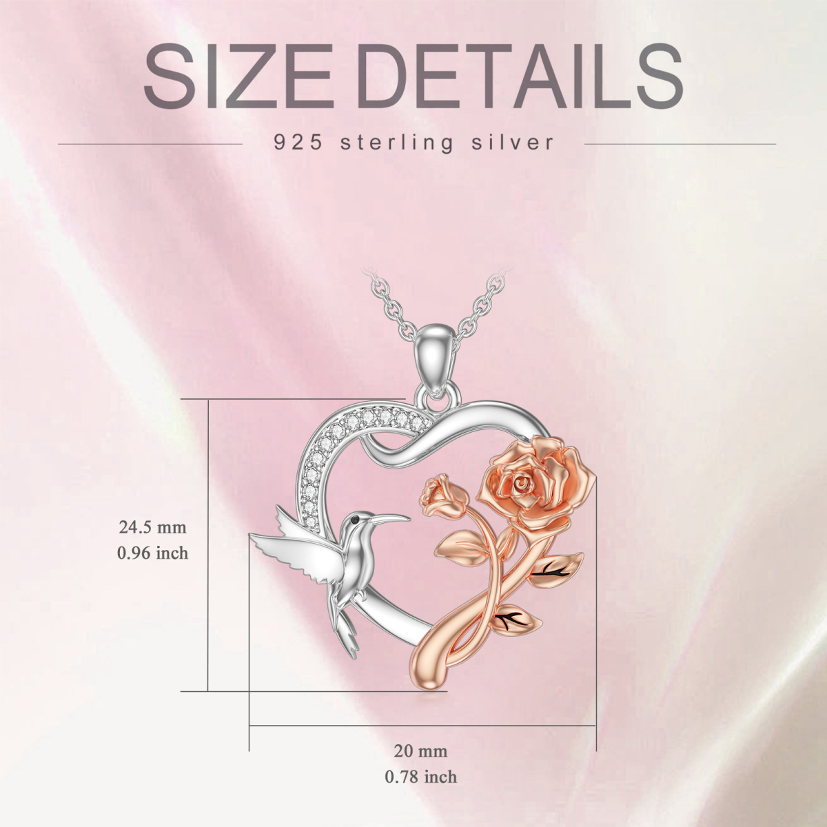 Sterling Silver Two-Tone Circular Cubic Zirconia Hummingbird With Rose Heart Pendant Necklace For Women-5