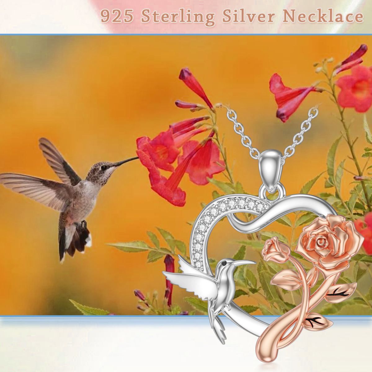 Sterling Silver Two-Tone Circular Cubic Zirconia Hummingbird With Rose Heart Pendant Necklace For Women-6