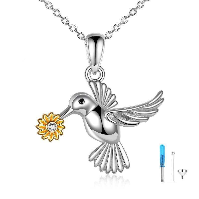 Sterling Silver Two-tone Circular Shaped Cubic Zirconia Hummingbird & Sunflower Urn Necklace for Ashes-14