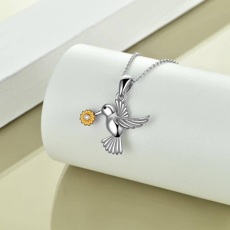 Sterling Silver Two-tone Circular Shaped Cubic Zirconia Hummingbird & Sunflower Urn Necklace for Ashes-3