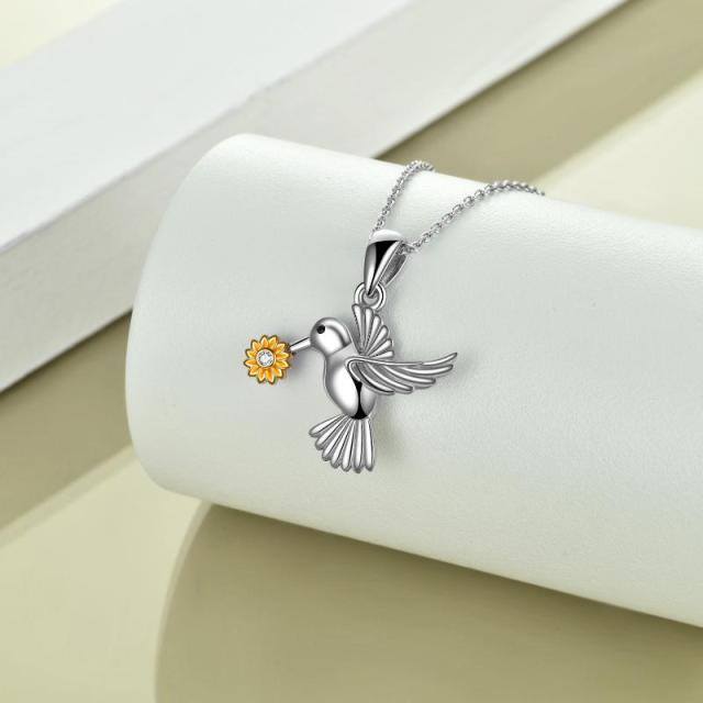 Sterling Silver Two-tone Circular Shaped Cubic Zirconia Hummingbird & Sunflower Urn Necklace for Ashes-3