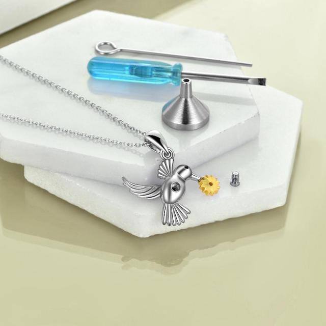 Sterling Silber zweifarbig kreisförmig Cubic Zirkonia Kolibri & Sonnenblume Urne Halskette-4