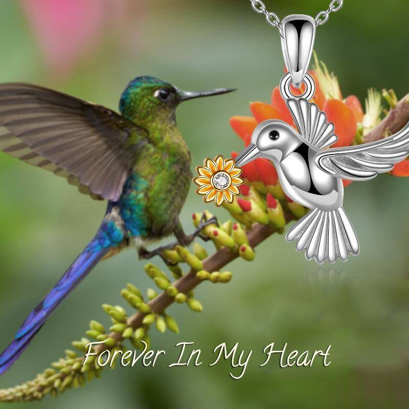 Sterling zilveren tweekleurige cirkelvormige kubieke zirkonia kolibrie & zonnebloem Urn ketting voor as-6