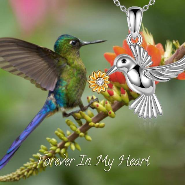 Sterling Silver Two-tone Circular Shaped Cubic Zirconia Hummingbird & Sunflower Urn Necklace for Ashes-6