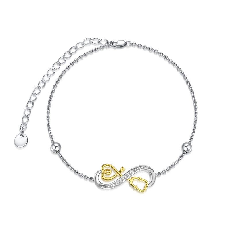 Sterling Silver Two-tone Circular Shaped Cubic Zirconia Infinity Symbol & Stethoscope Pendant Bracelet-1