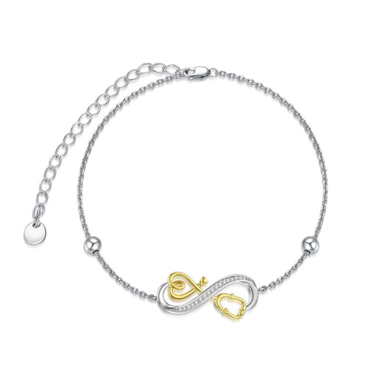 Sterling Silver Two-tone Circular Shaped Cubic Zirconia Infinity Symbol & Stethoscope Pendant Bracelet