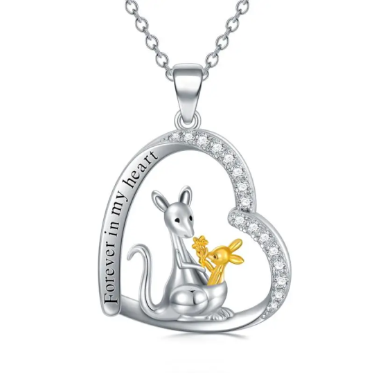 Collana bicolore in argento sterling con ciondolo circolare a forma di canguro e cuore con parola incisa