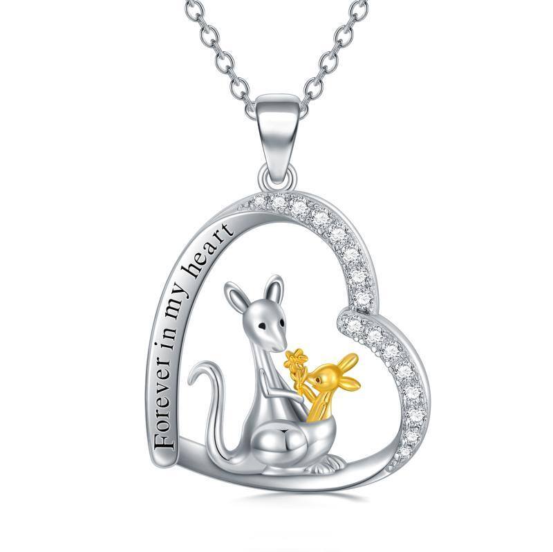 Sterling Silver Two-tone Circular Shaped Cubic Zirconia Kangaroo & Heart Pendant Necklace with Engraved Word-1