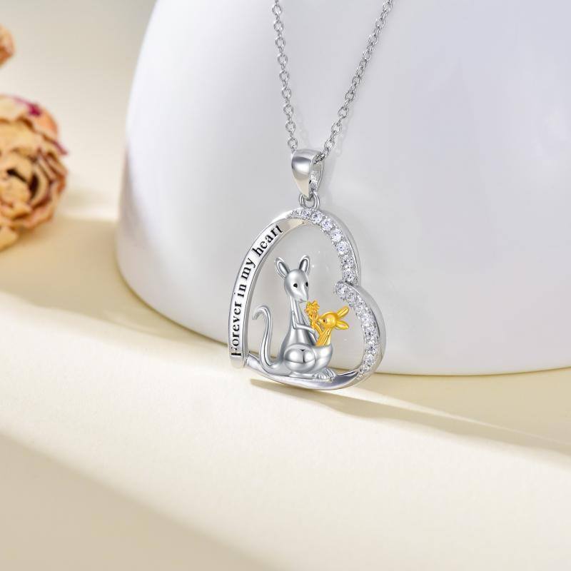 Sterling Silver Two-tone Circular Shaped Cubic Zirconia Kangaroo & Heart Pendant Necklace with Engraved Word-3