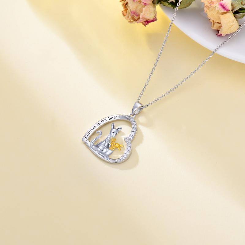 Sterling Silver Two-tone Circular Shaped Cubic Zirconia Kangaroo & Heart Pendant Necklace with Engraved Word-4