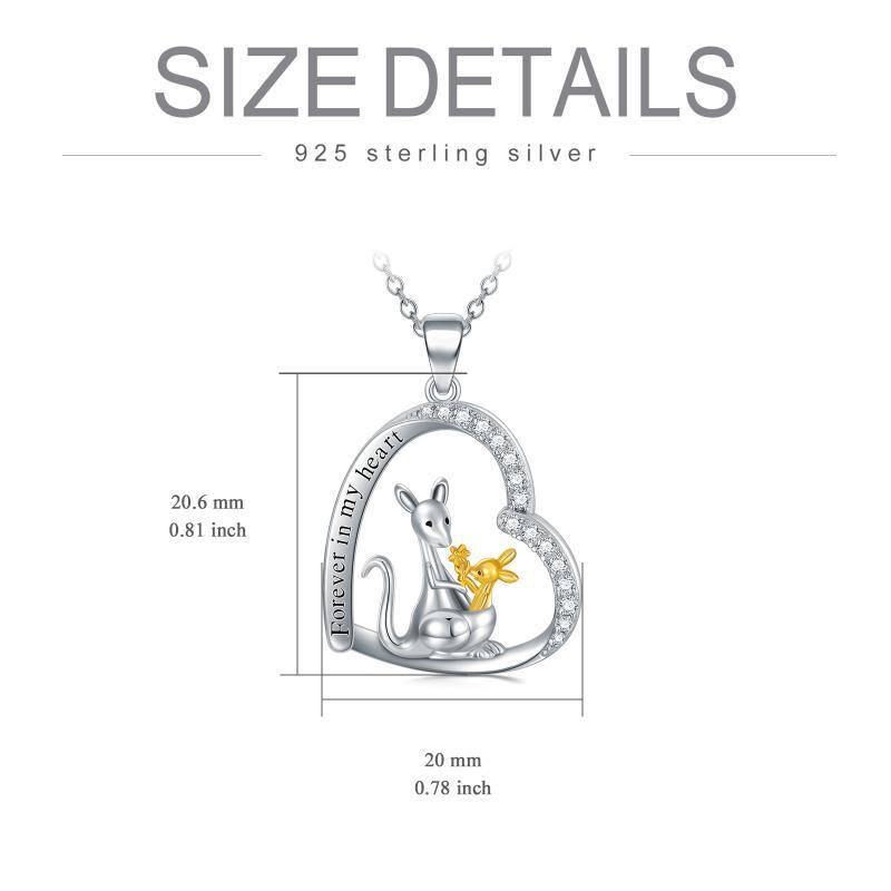 Sterling Silver Two-tone Circular Shaped Cubic Zirconia Kangaroo & Heart Pendant Necklace with Engraved Word-5