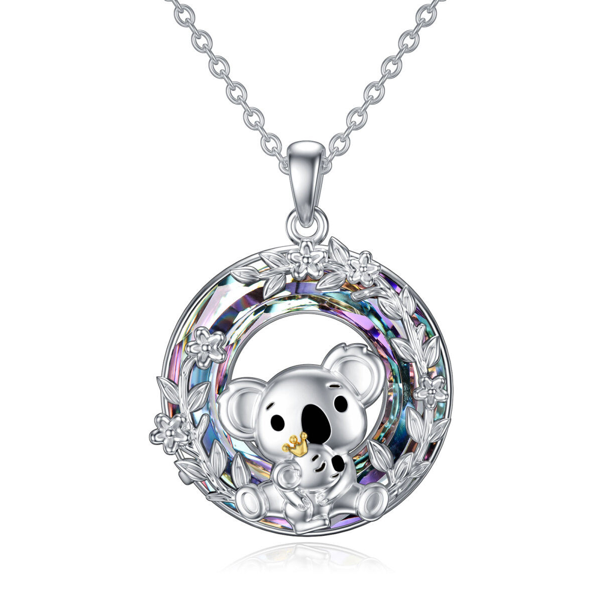 Collana con ciondolo di cristallo Koala a forma di cerchio in argento sterling bicolore-1