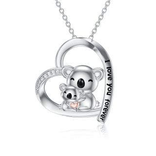 Sterling Silver Two-tone Circular Shaped Cubic Zirconia Koala & Heart Pendant Necklace with Engraved Word-5