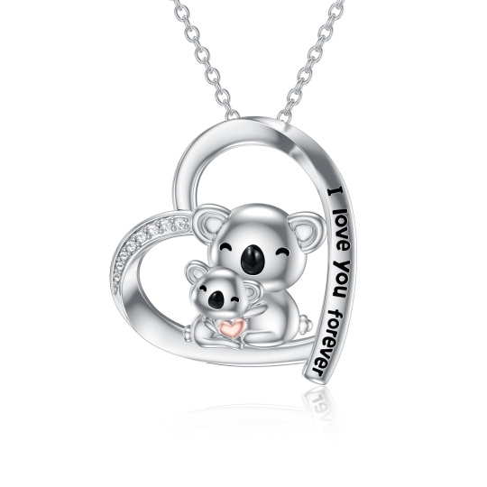 Sterling Silver Two-tone Circular Shaped Cubic Zirconia Koala & Heart Pendant Necklace with Engraved Word