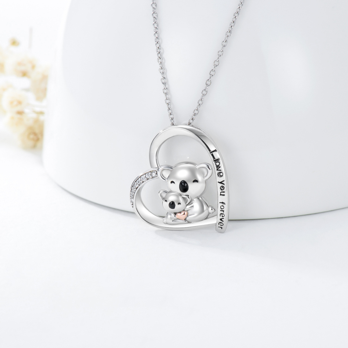 Sterling Silver Two-tone Circular Shaped Cubic Zirconia Koala & Heart Pendant Necklace with Engraved Word-3