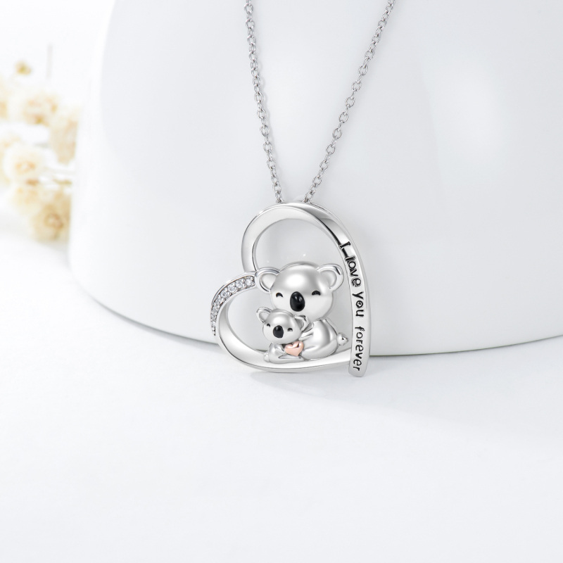Sterling Silver Two-tone Circular Shaped Cubic Zirconia Koala & Heart Pendant Necklace with Engraved Word-3