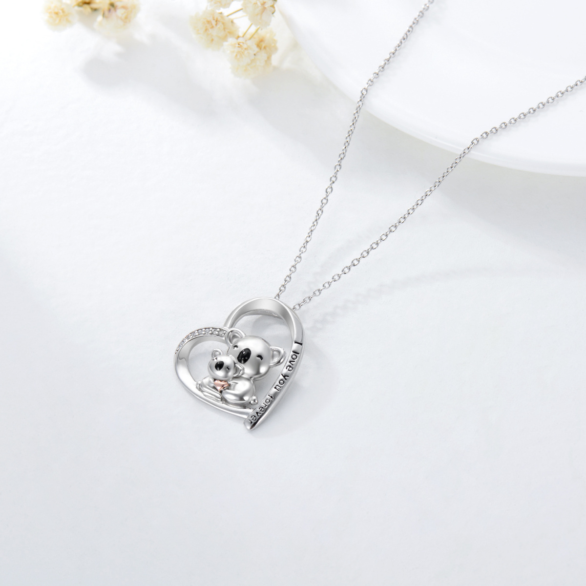 Sterling Silver Two-tone Circular Shaped Cubic Zirconia Koala & Heart Pendant Necklace with Engraved Word-4