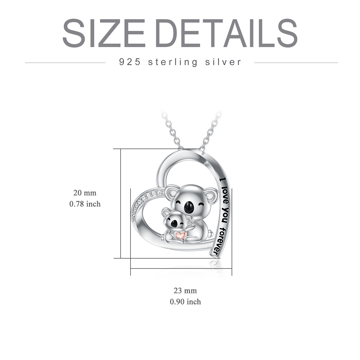 Sterling Silber zweifarbig kreisförmig Cubic Zirkonia Koala & Herz Anhänger Halskette mit-5