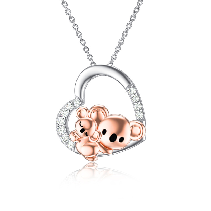 Sterling Silver Two-tone Circular Shaped Cubic Zirconia Koala & Heart Pendant Necklace-12