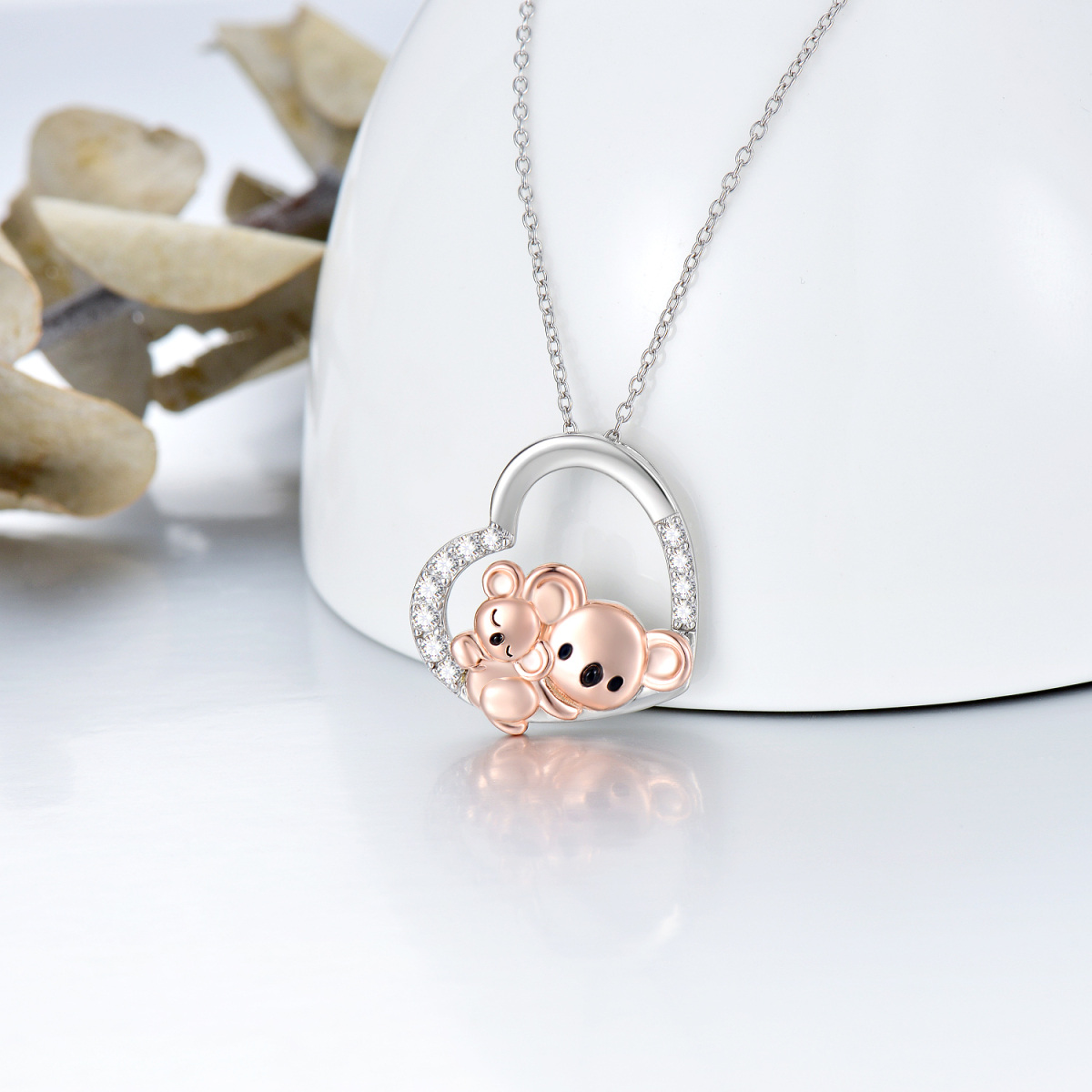 Sterling Silver Two-tone Circular Shaped Cubic Zirconia Koala & Heart Pendant Necklace-3