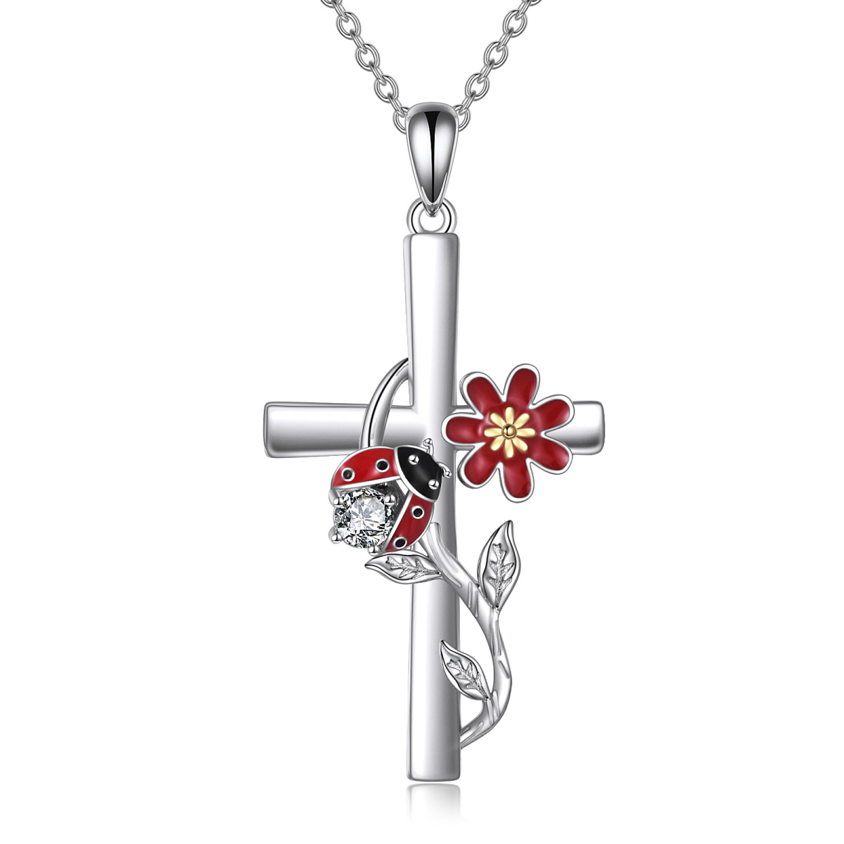 Sterling Silber zweifarbig kreisförmig Cubic Zirkonia Marienkäfer & Kreuz-Anhänger Halsket-1