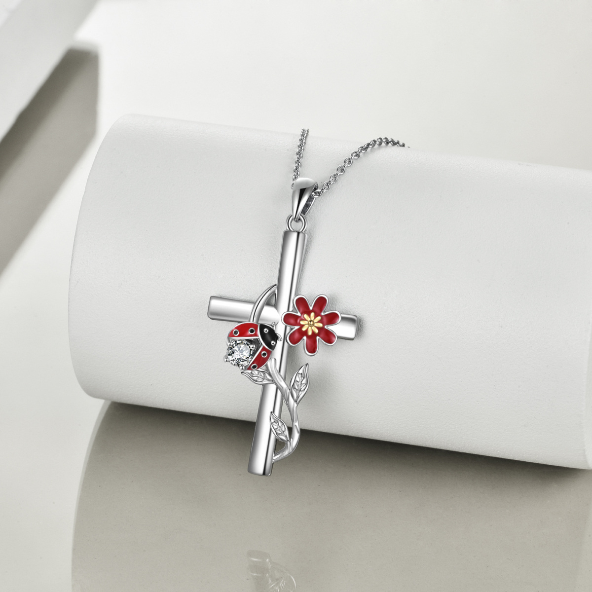 Sterling Silber zweifarbig kreisförmig Cubic Zirkonia Marienkäfer & Kreuz-Anhänger Halsket-3