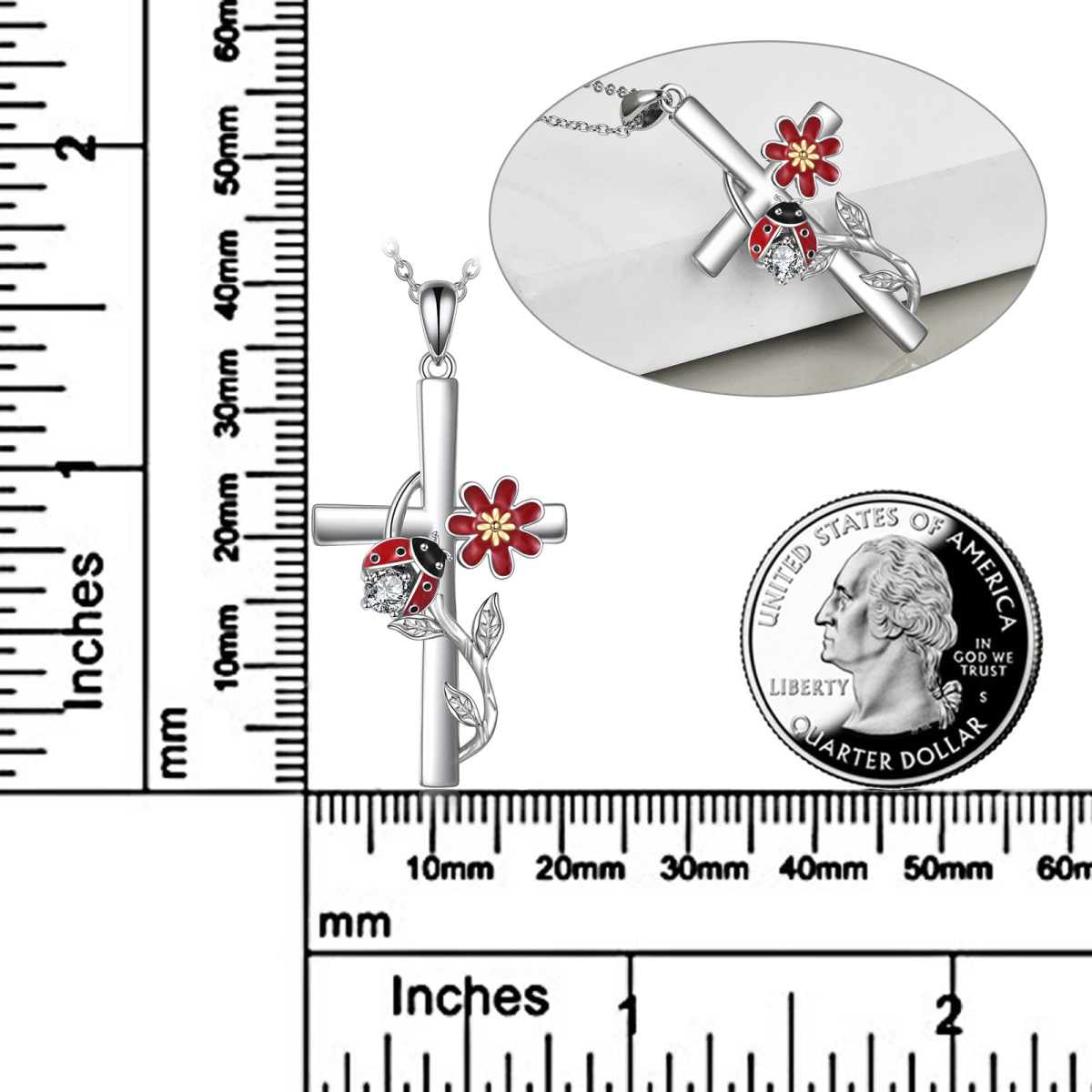 Sterling Silber zweifarbig kreisförmig Cubic Zirkonia Marienkäfer & Kreuz-Anhänger Halsket-5