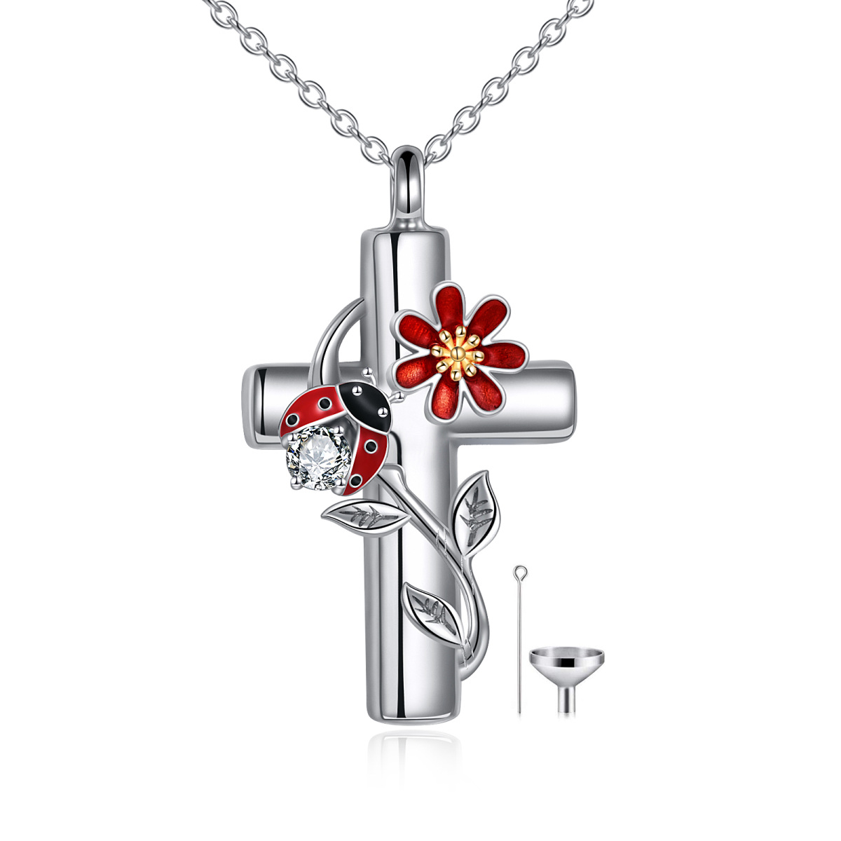 Collana in argento sterling bicolore a forma di cerchio con coccinella e croce per le ceneri con parola incisa-1