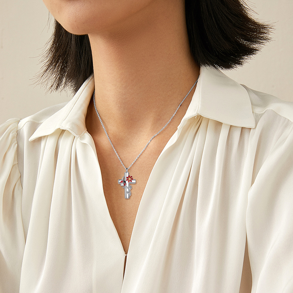 Sterling Silver Two-tone Circular Shaped Cubic Zirconia Ladybug & Cross Urn Necklace for Ashes with Engraved Word-2