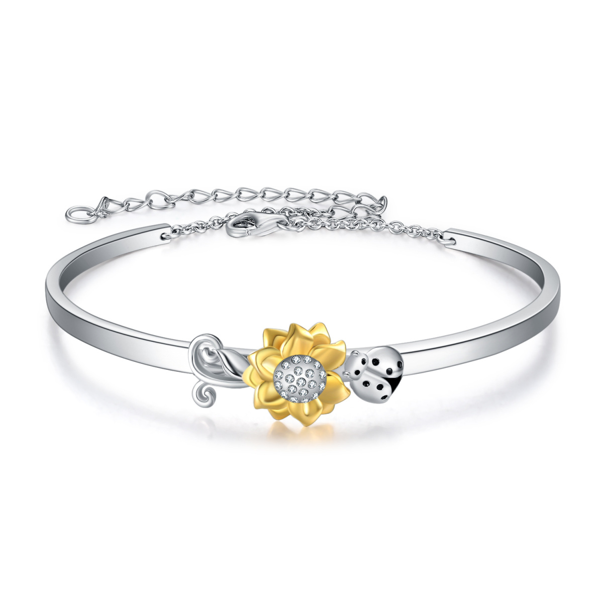 Sterling zilveren tweekleurige cirkelvormige cubic zirkonia lieveheersbeestje en zonnebloem hanger Bangle-1