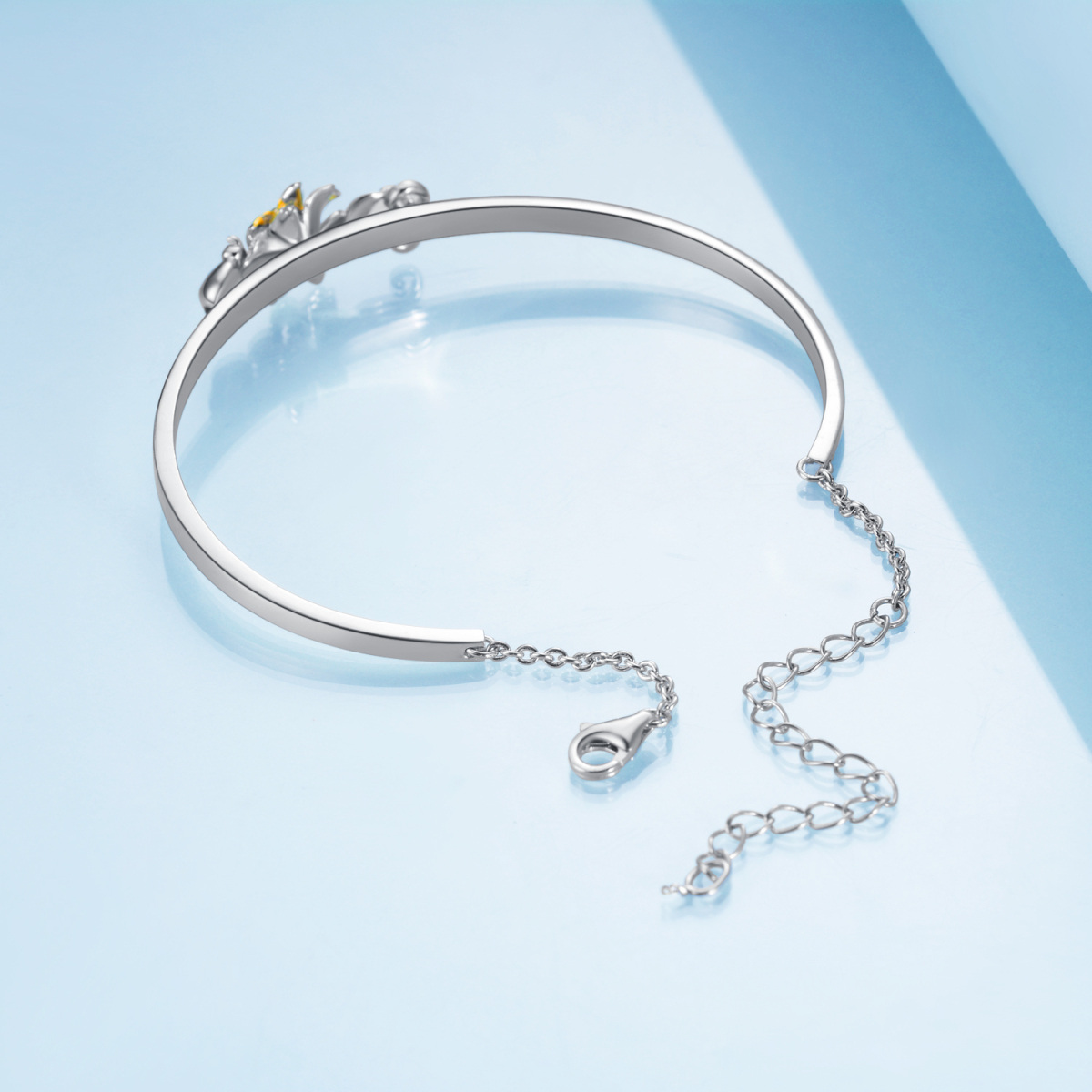 Sterling zilveren tweekleurige cirkelvormige cubic zirkonia lieveheersbeestje en zonnebloem hanger Bangle-4