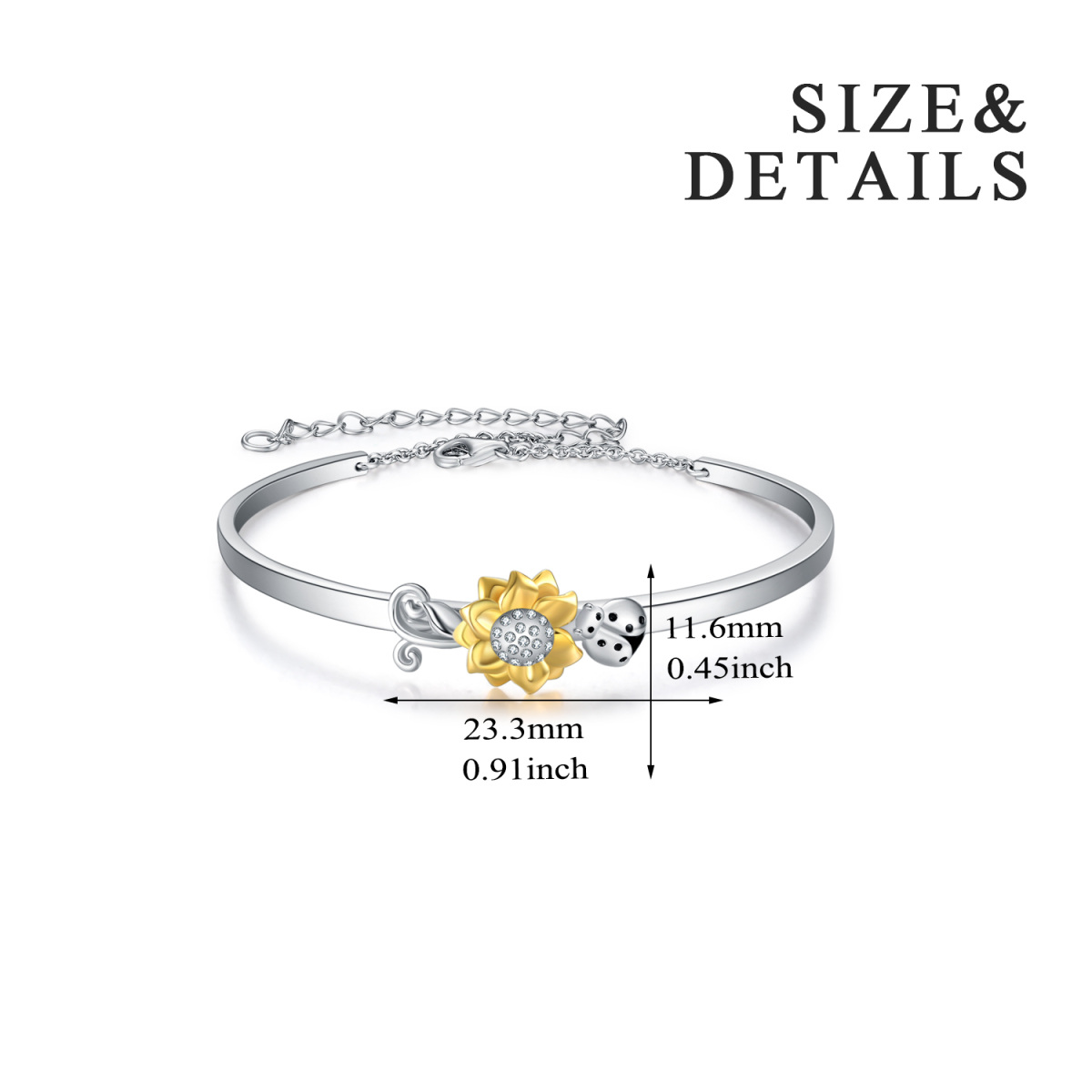 Sterling zilveren tweekleurige cirkelvormige cubic zirkonia lieveheersbeestje en zonnebloem hanger Bangle-5