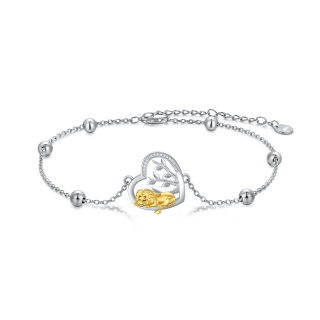 Sterling Silver Two-tone Circular Shaped Cubic Zirconia Lion & Heart Charm Bracelet-43