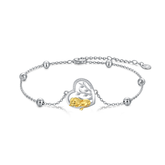 Sterling Silver Two-tone Circular Shaped Cubic Zirconia Lion & Heart Pendant Bracelet