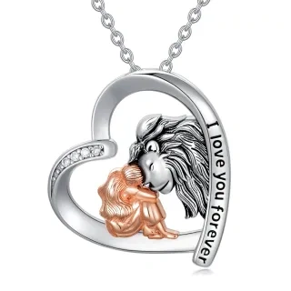 Sterling Silver Two-tone Circular Shaped Cubic Zirconia Lion & Heart Pendant Necklace with Engraved Word-36