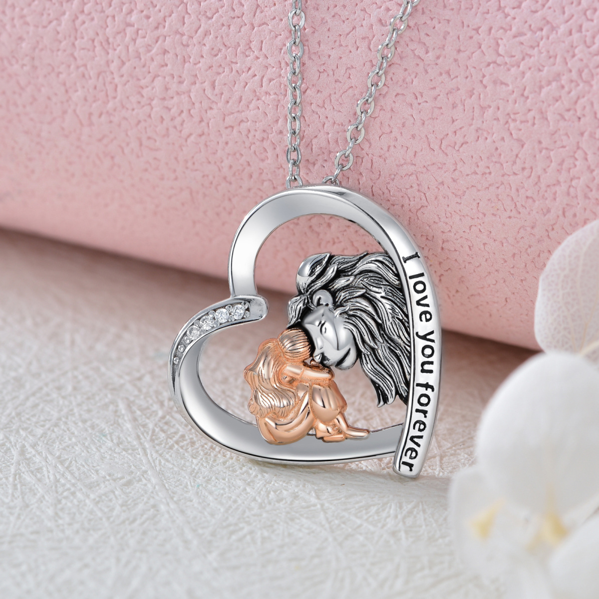 Sterling Silver Two-tone Circular Shaped Cubic Zirconia Lion & Heart Pendant Necklace with Engraved Word-3