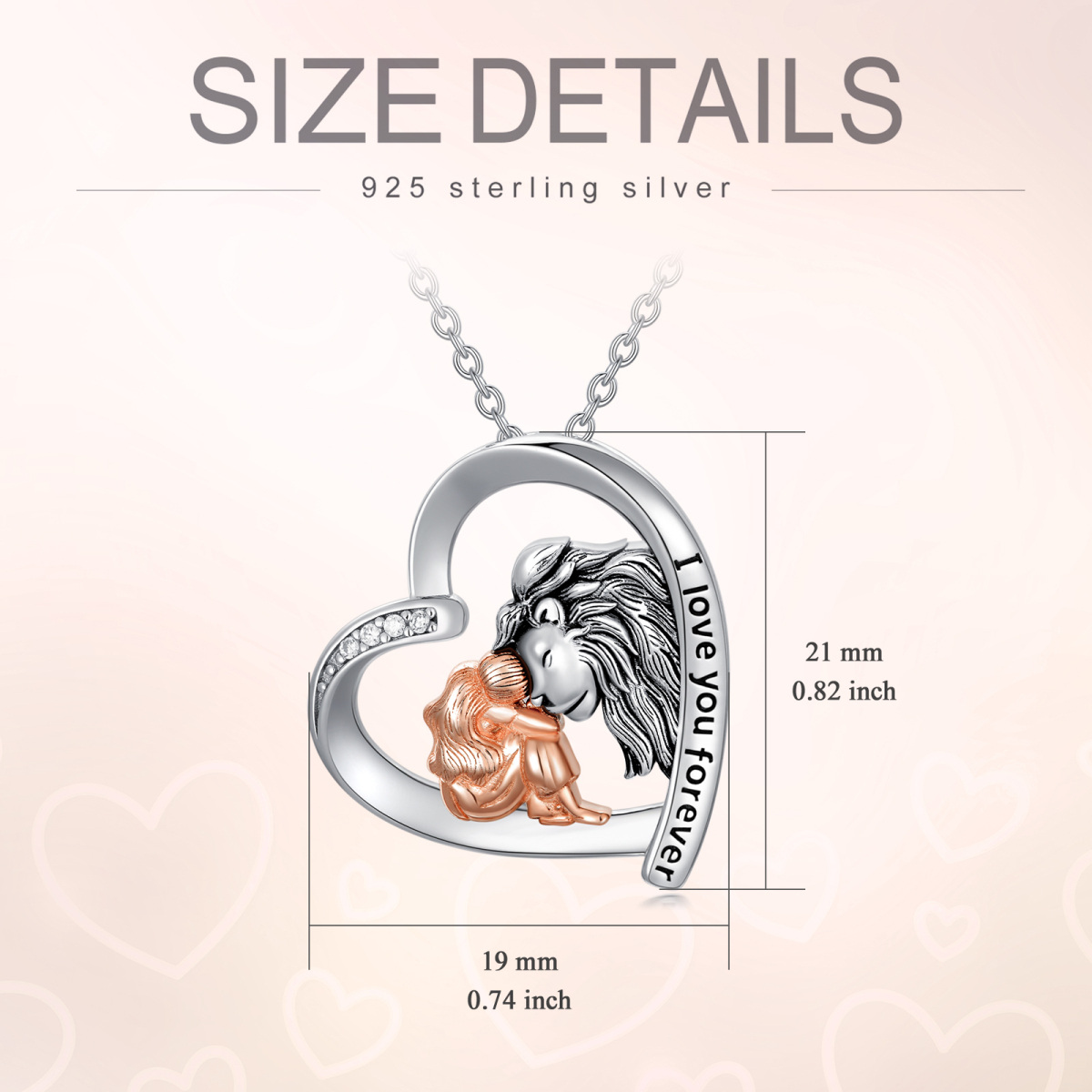 Sterling zilveren tweekleurige cirkelvormige cubic zirconia leeuw en hart hanger ketting met gegraveerd woord-5