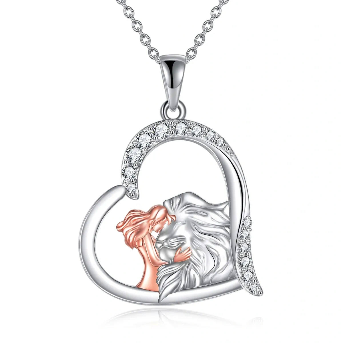 Sterling Silver Two-tone Circular Shaped Cubic Zirconia Lion & Heart Pendant Necklace-1