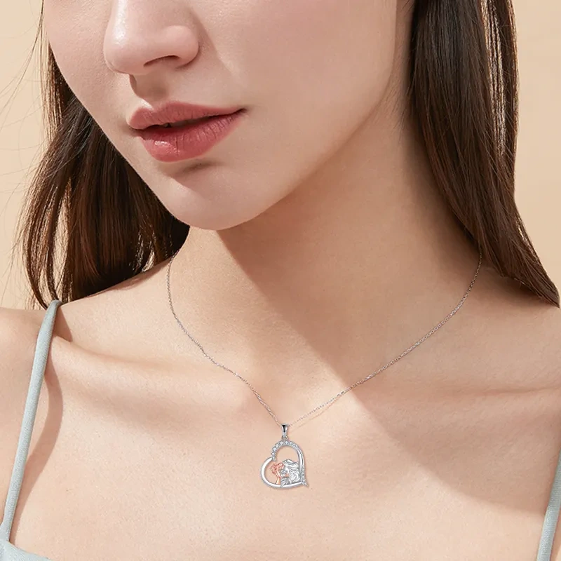 Collier en argent sterling avec pendentif lion et cœur en zircon cubique de forme circulai-2